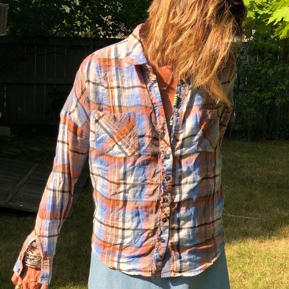 🍀Free People metal button down plaid shirt
